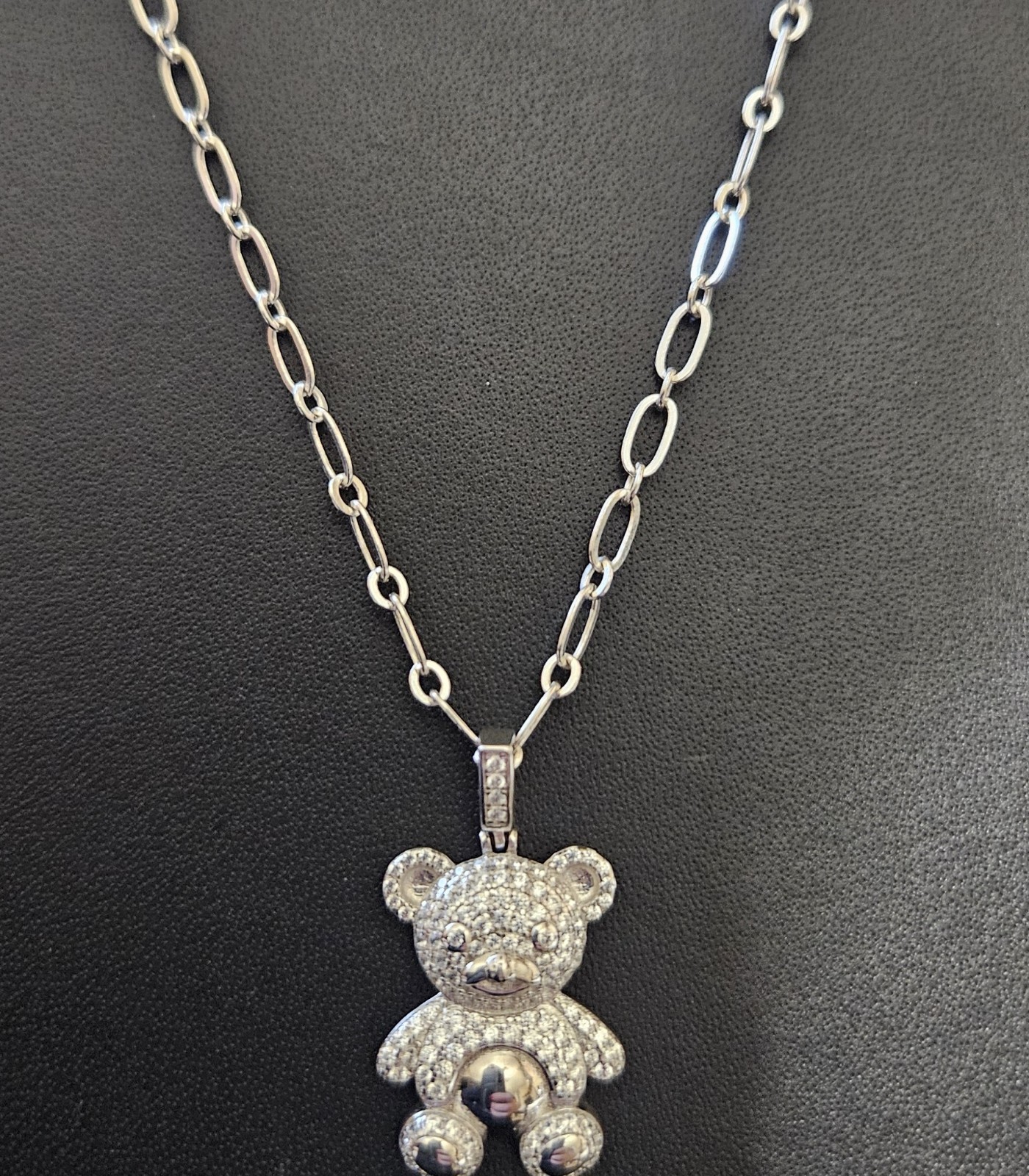 Oso Con Zirconias y Cadena Paper En Plata Italiana 925