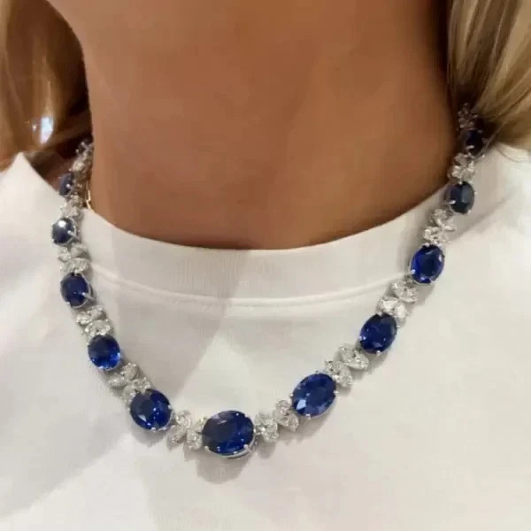 32Ctw Oval Cut Lab Created Blue Sapphire Women’s Necklace 14K Wh Gold Plated 18″