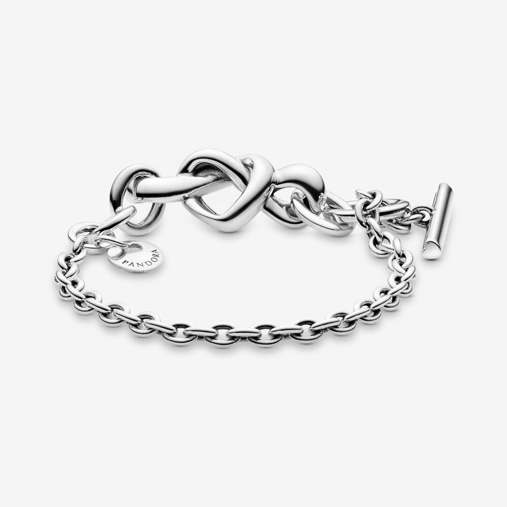 Authentic PANDORA Knotted Heart T-Bar Bracelet, Silver 925 NEW w/ Pouch