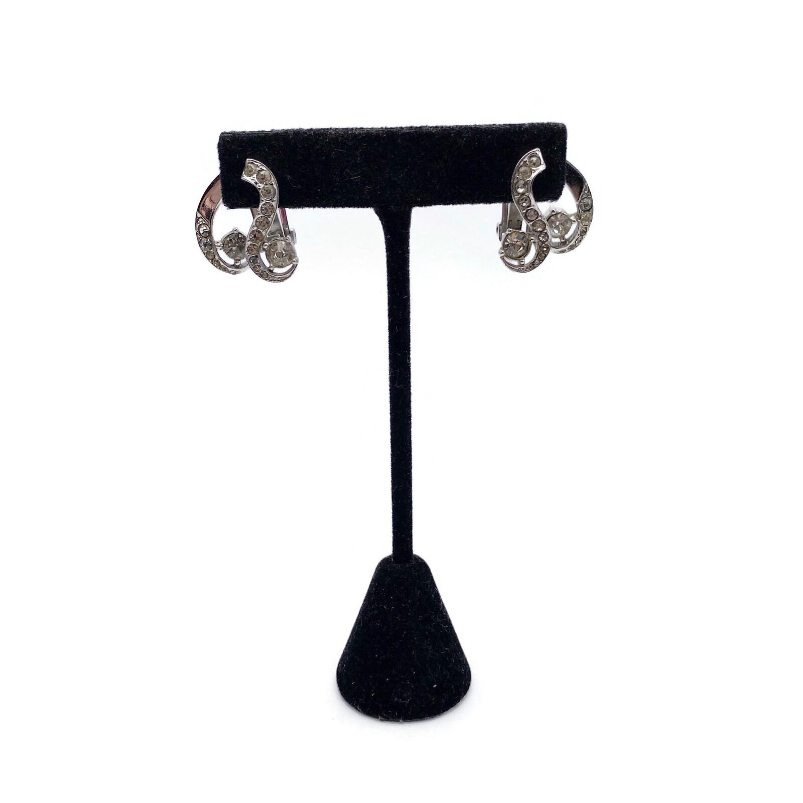 1950s Mid Century Style Silver Tone and Rhinestone Vintage Clip on Earrings.