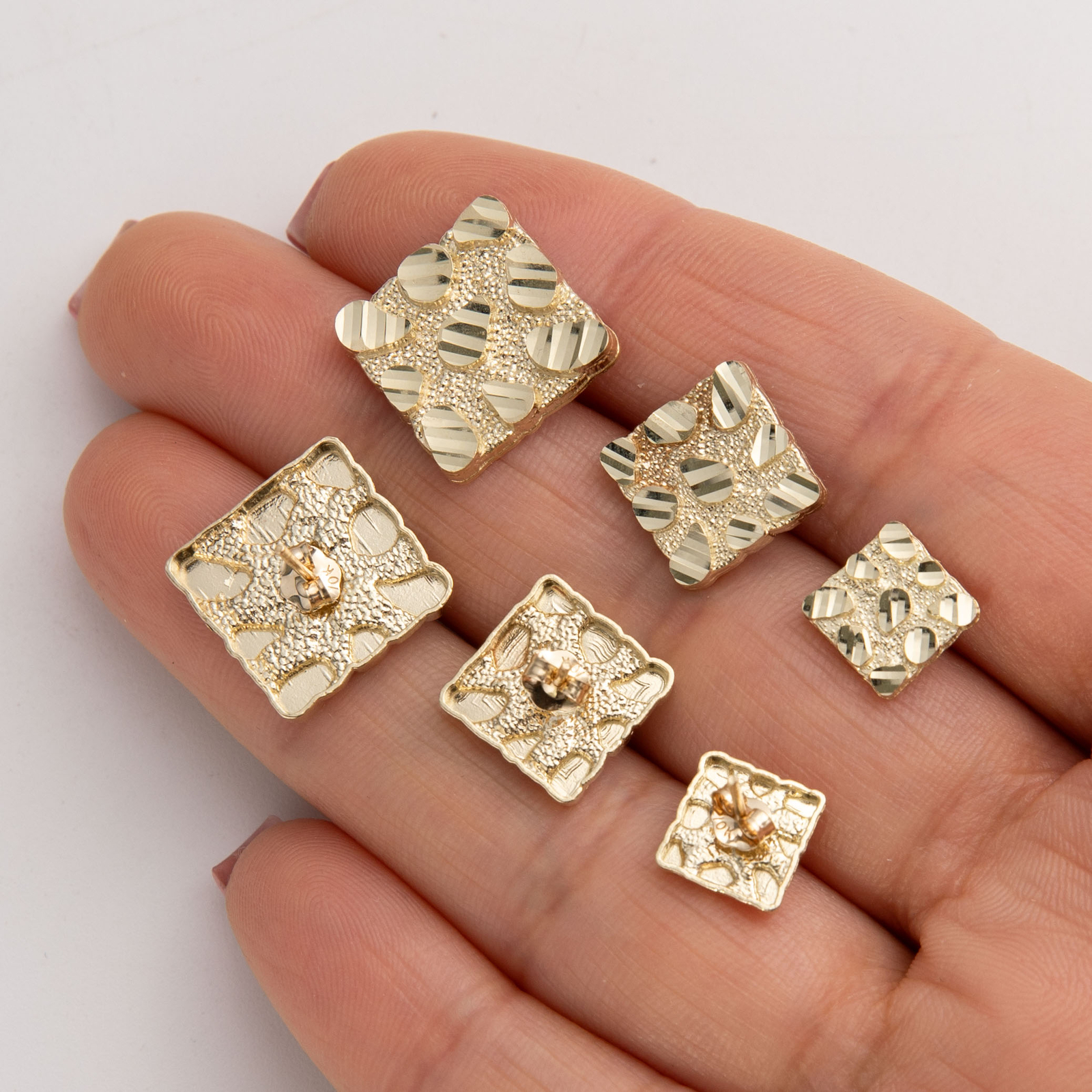 Solid 10K Diamond-Cut Square Nugget Stud Earrings Yellow Gold All Sizes