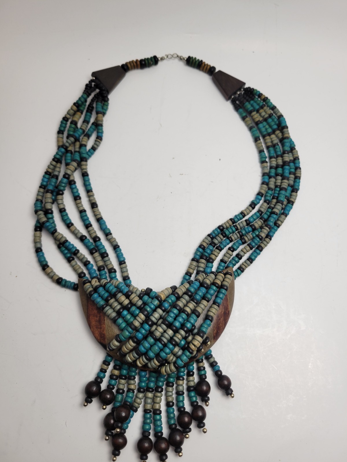 Vintage Tribal Multi Strand Wood Bead Fringe Bib Necklace Turquoise Black Boho