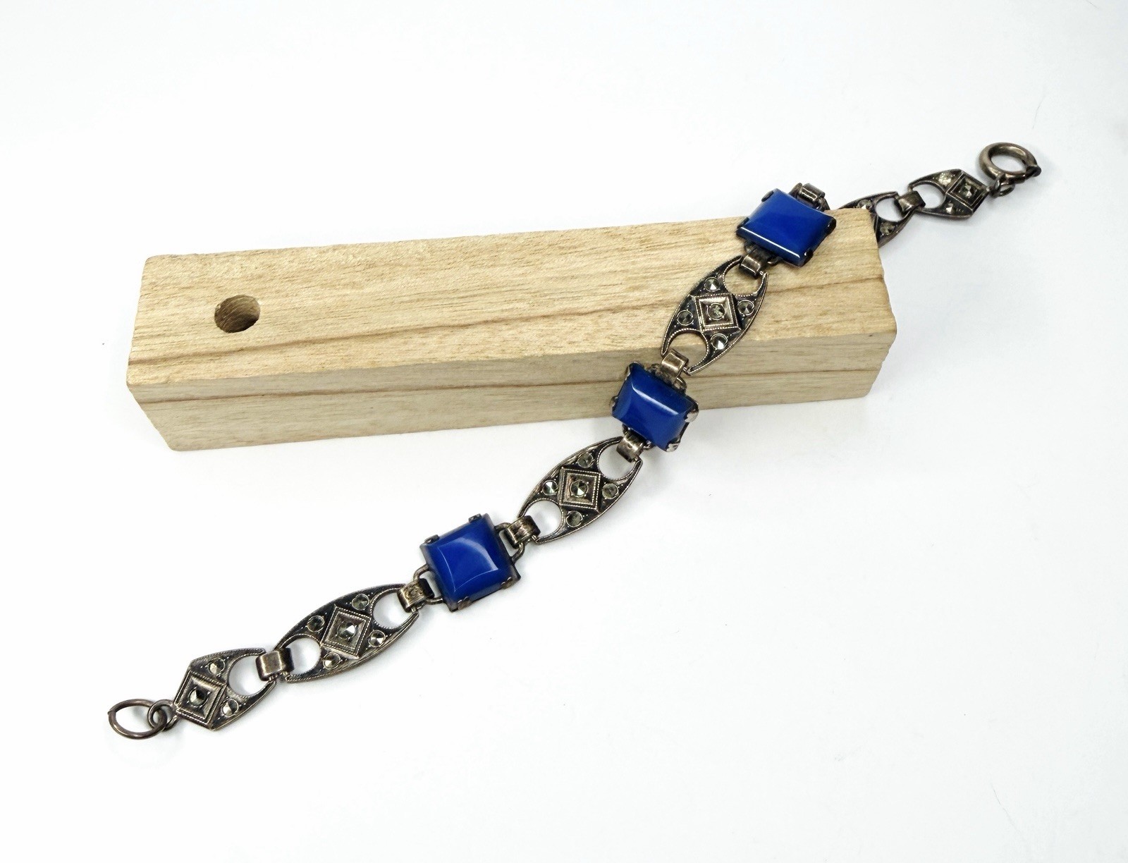 Rare Antique Art Deco Bracelet Blue Square Chalcedony Glass Beautiful Marcasite