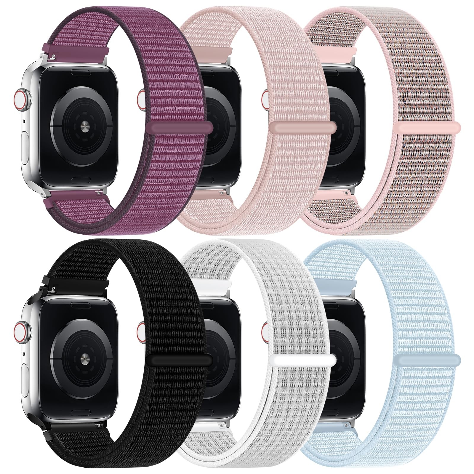 6 Pack Nylon Sport Loop Bands for Apple Watch 38mm-49mm Soft Adjustable Straps