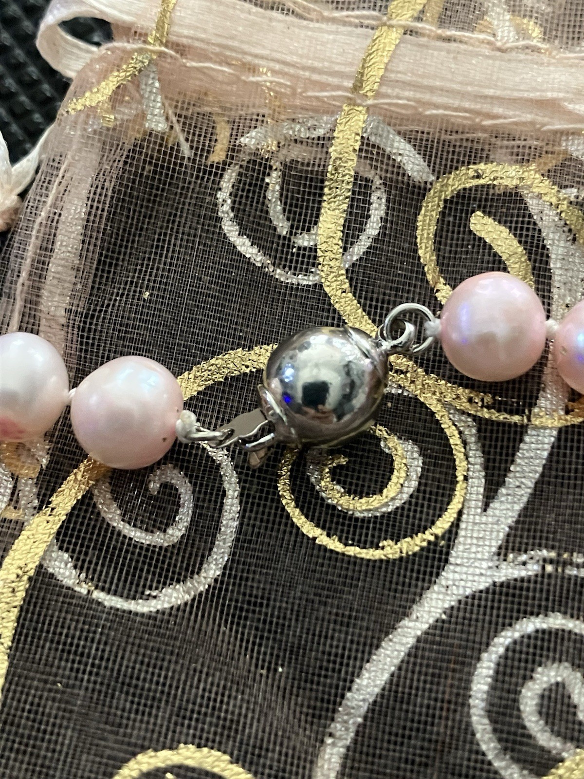 Baby Pink Pearl Necklace with Silver ball clasp, with matching draw string bag