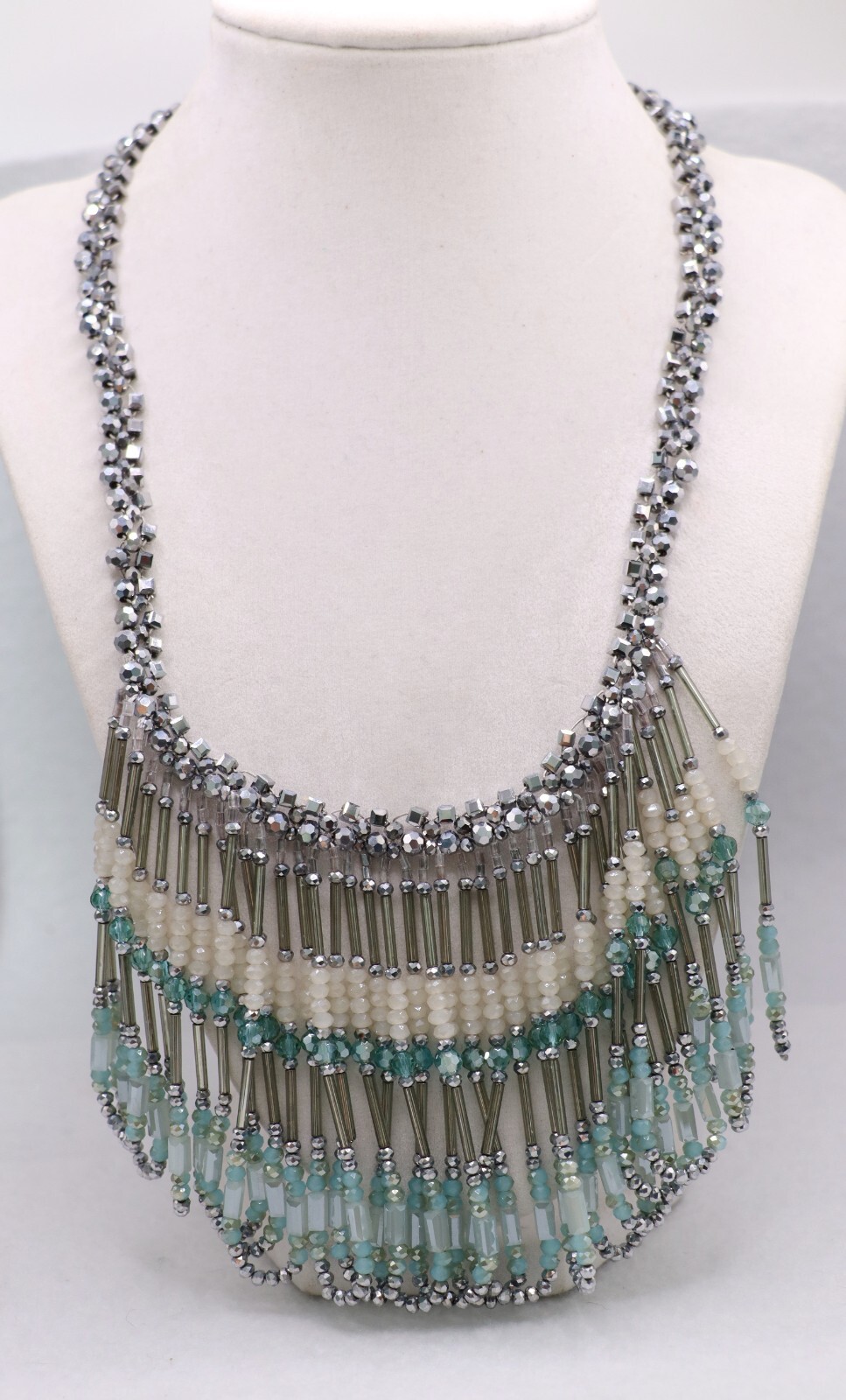 RUSH DENIS & CHARLES Aqua Blue White Silver Crystal Dangle Statement Necklace