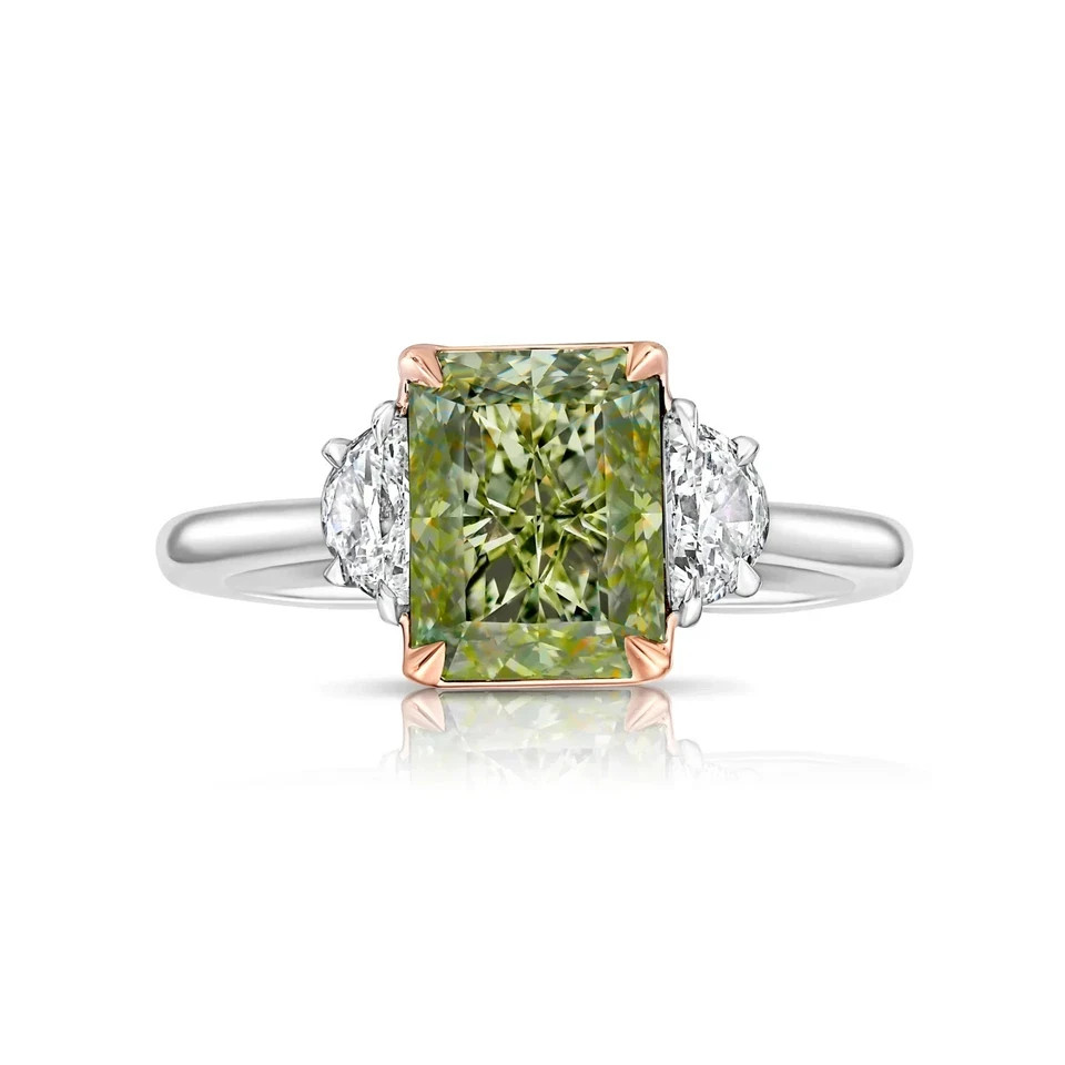 3.81CT Radiant Lab Grown Fancy Vivid Diamond Three Stone Ring Size 7 14k Gold