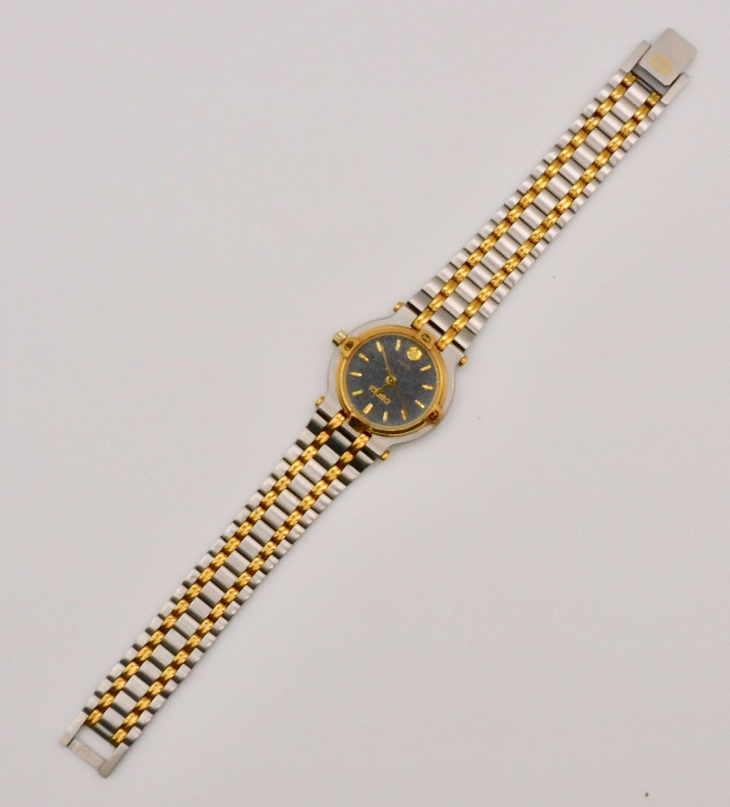 GUCCI 9000L Black Dial Two Tone Quartz Date Ladies Watch Gold