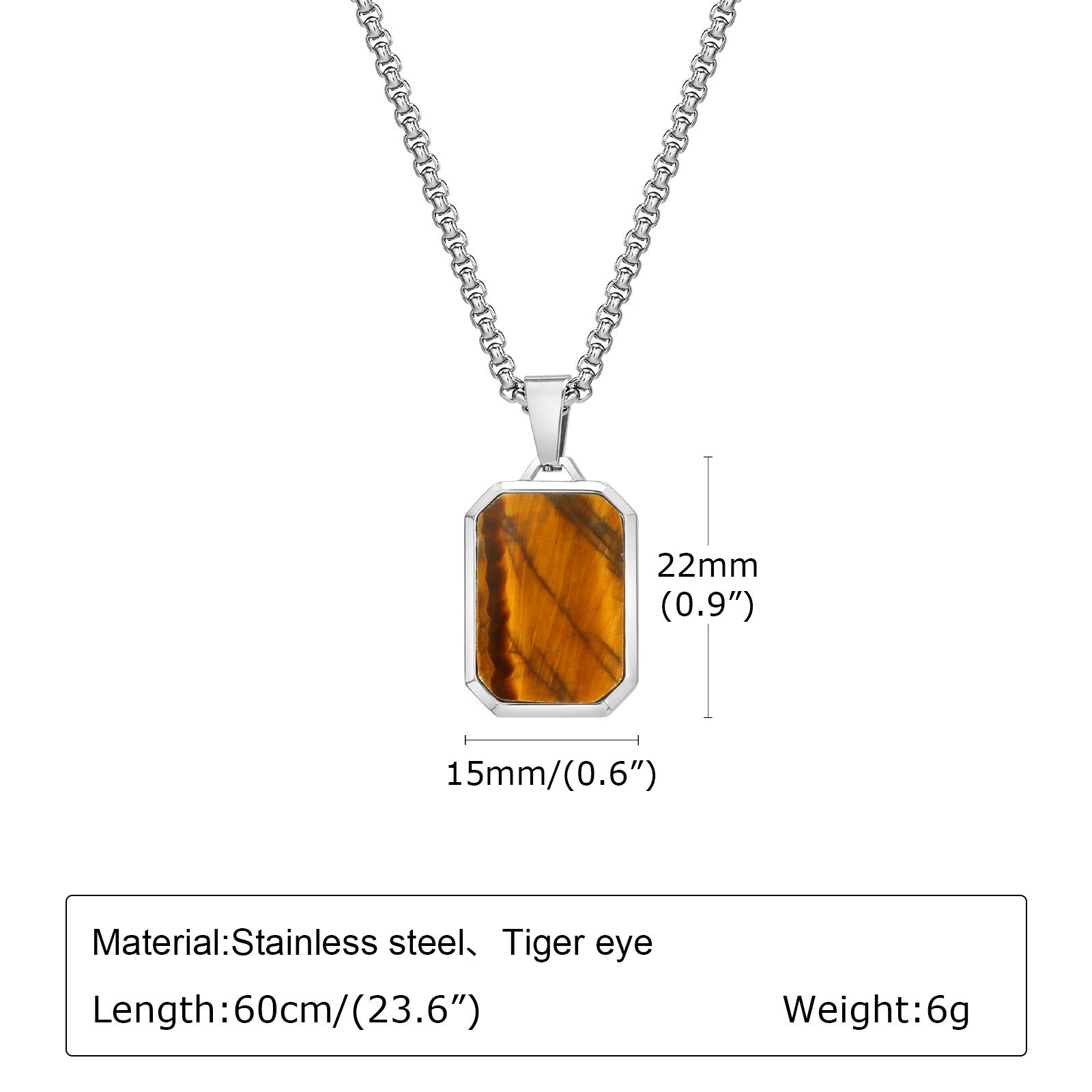 Stainless Steel Necklace Square Lapis Lazuli Pendant Tiger Eye Stone Premium