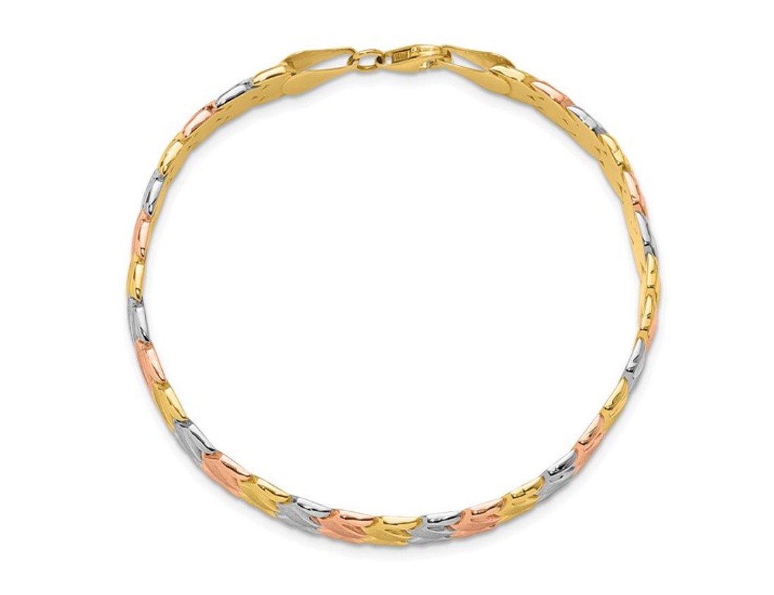 10K Yellow, White and Rose Gold Polished and Satin Link Bracelet (7.5 Inches)