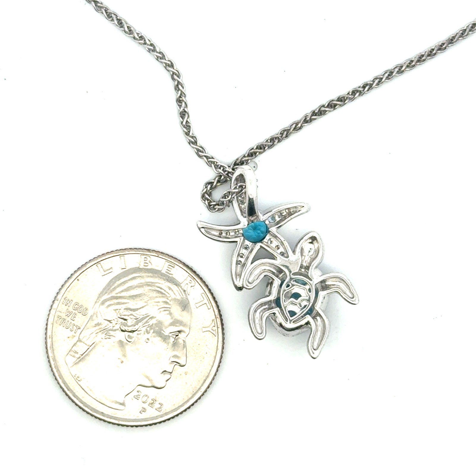 NIB EFFY sterling silver diamond and blue topaz turtle necklace retail $868