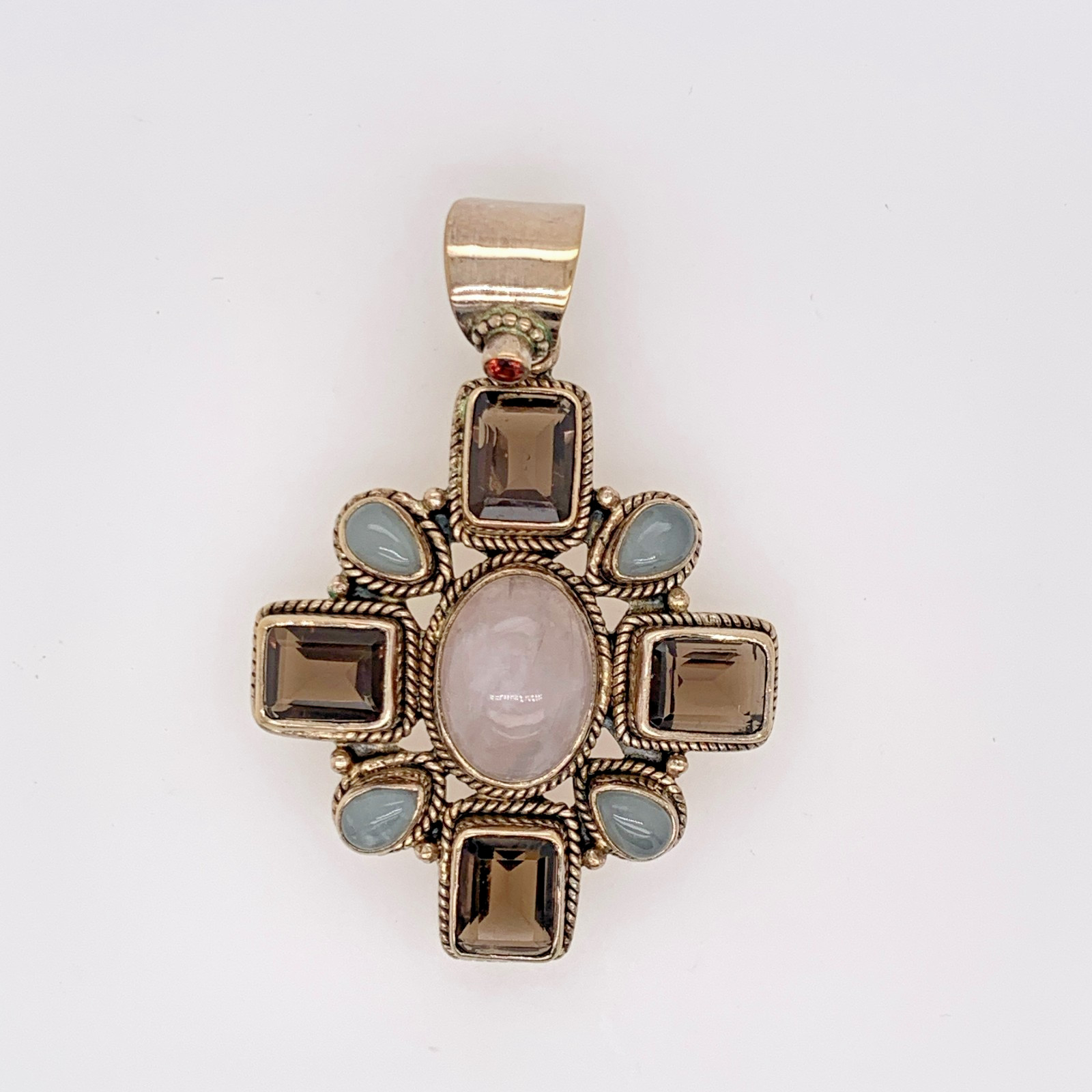 Smoky Topaz Rose Quartz Southwestern Cross Sterling Silver Pendant