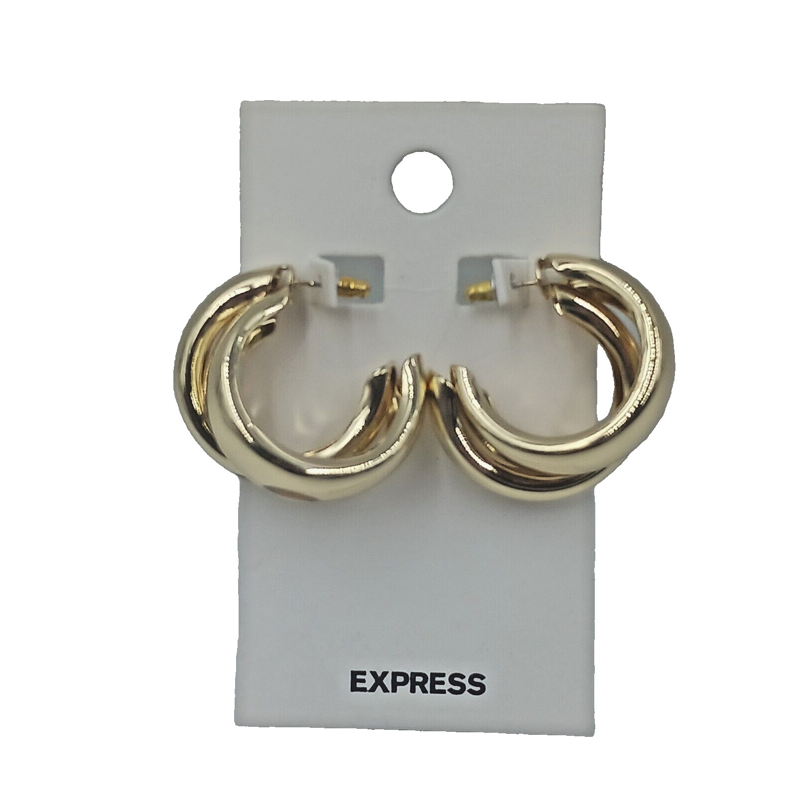 Express 1 3/16″ Thick Double Hoop Push Back Pierced Earrings Gold Tone Shiny New