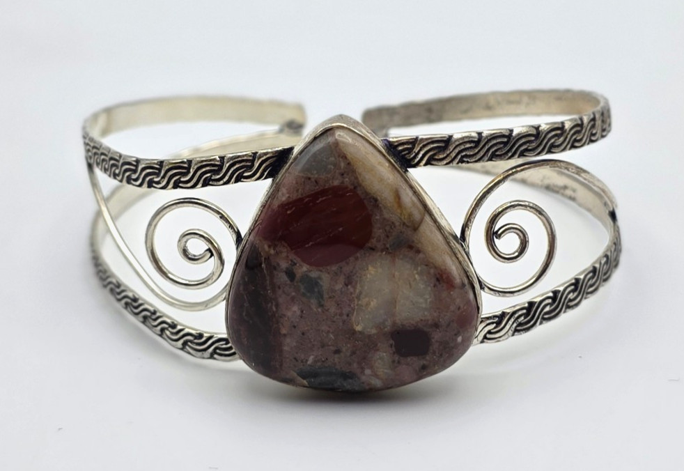 Natural Polychrome Jasper Teardrop Cuff Bracelet 8.25″ Silver Tone Boho