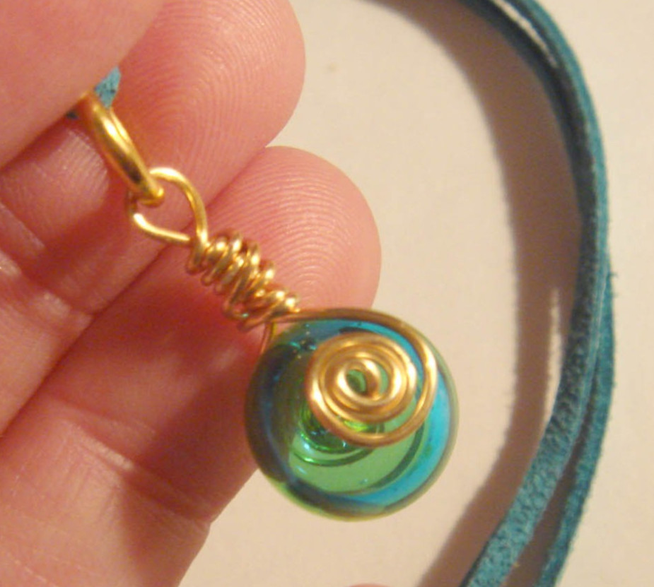 #285 Blue Hollow Lamp Work Bead Wire Wrapped Pendant One of a Kind