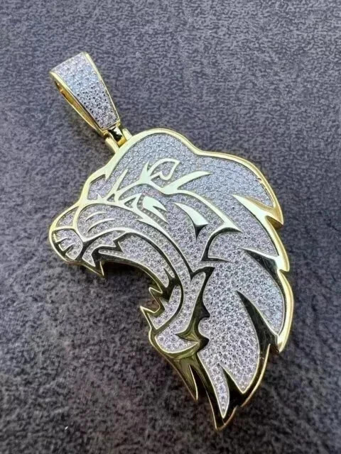 Custom Lion Shape Pendant Round Cut Simulated Diamond 14K Yellow Gold Finish