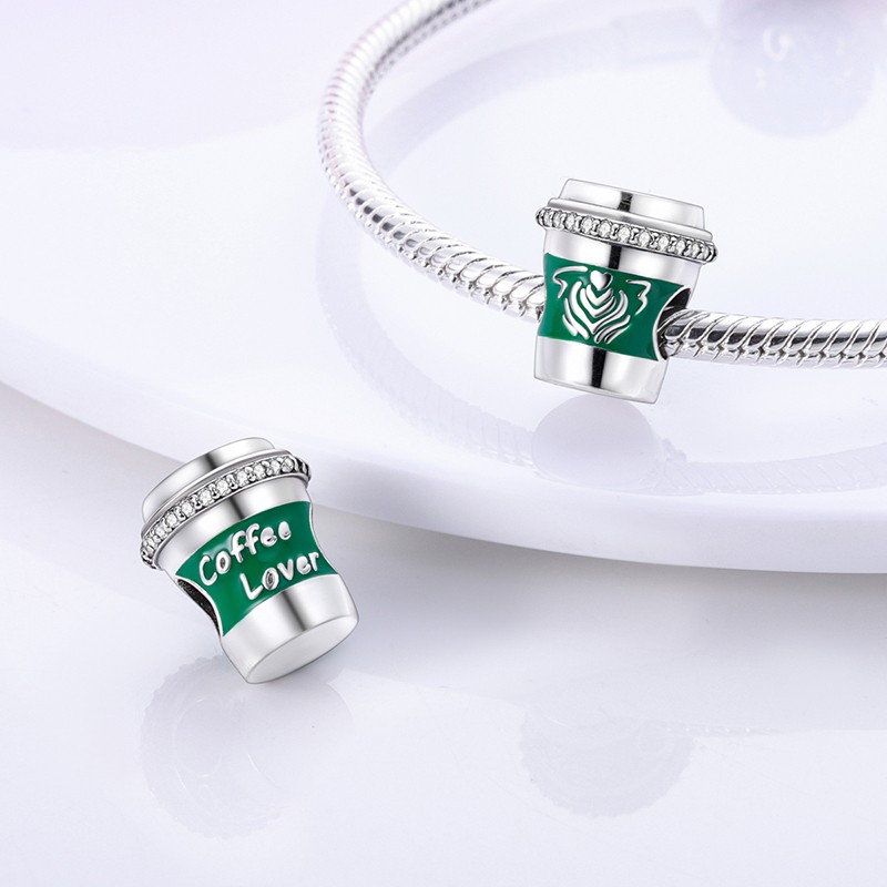 MULA European 925 Sterling Silver Coffee Cup DIY Charm Pink CZ Fit Lady Bracelet