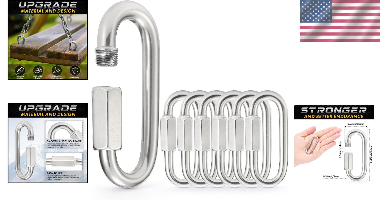 304 Stainless Steel Chain Quick Links Set 6pc Screw Lock Carabiner Heavy Duty