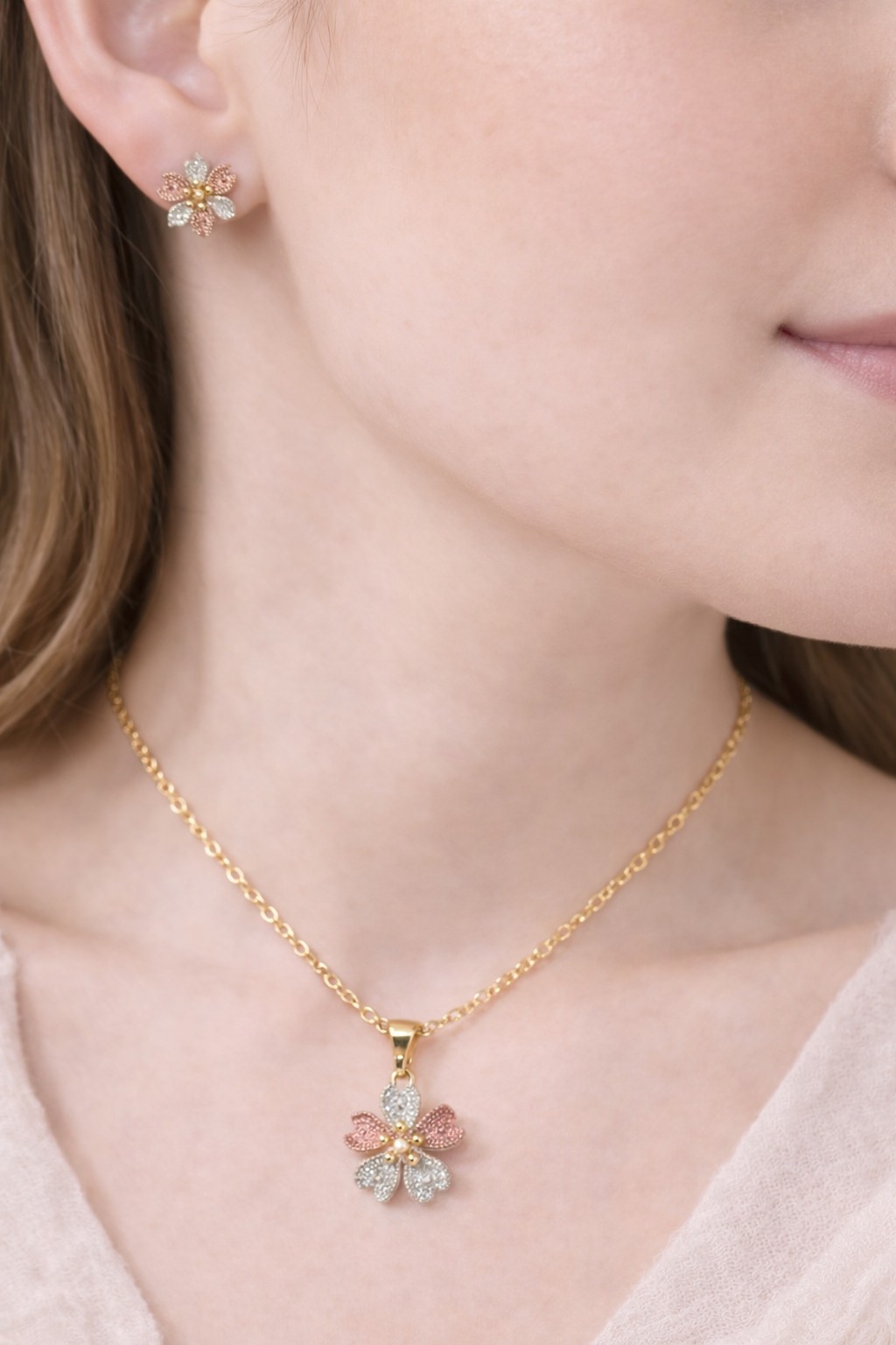 18K Gold Plated Tri-Color Flower Jewelry Set Necklace & Stud Earrings for her