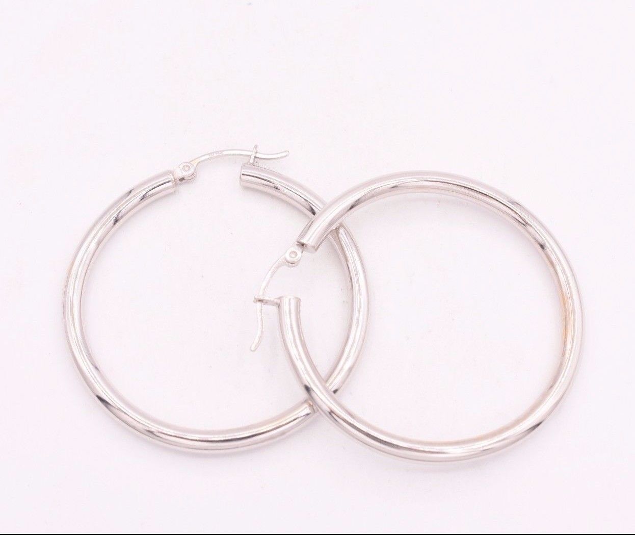 3mm X 40mm 1 1/2″ Plain Shiny Polished Round Hoop Earrings REAL 14K White Gold