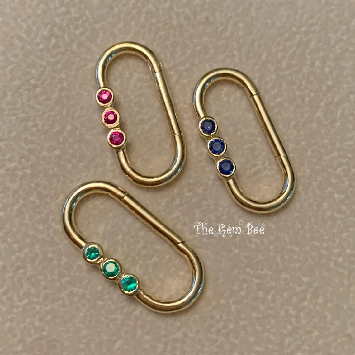 10mmx21.5mm 14K Yellow Gold Blue Sapphire Charm Holder Snap Lock Carabiner