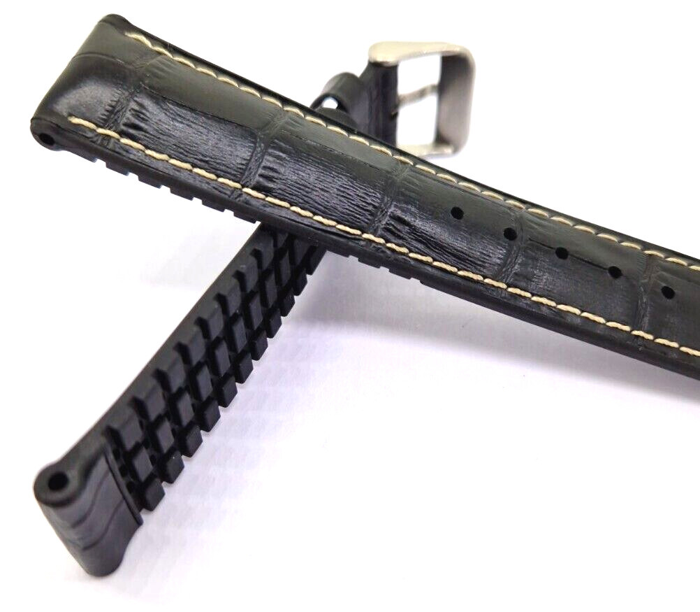 Black Waterproof White Stitched Bracelet 20mm Rubber + Leather / 26