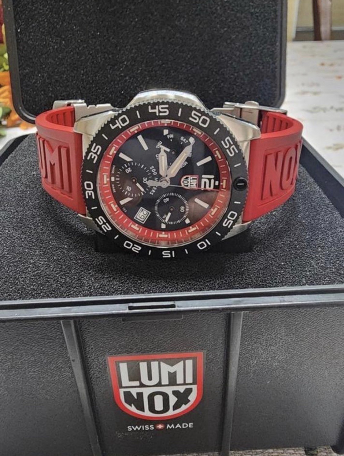 Luminox Swiss Made 44mm Quartz Chronograph Date Black/Red Dial Red Rubber 200m