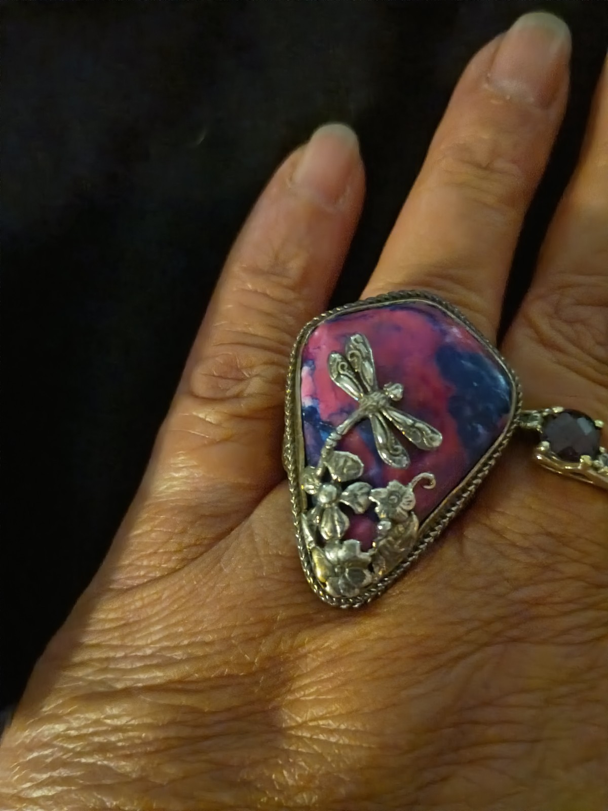 Sarda Bali Artisan Sterling Silver Dragonfly Tye Dye Stone Ring Sz 7 Purple Pink