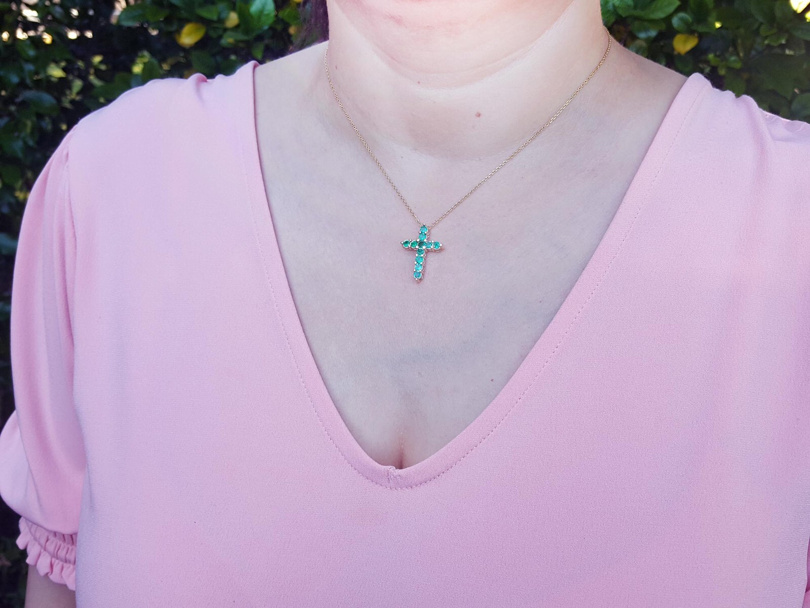 14K Natural Emerald Cross Pendant Necklace 18″ inch