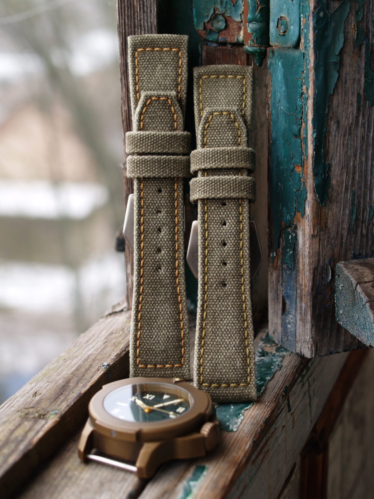 26 mm rugged handcrafted canvas watch strap Olive Green *Ready-Made *US-DutyPaid