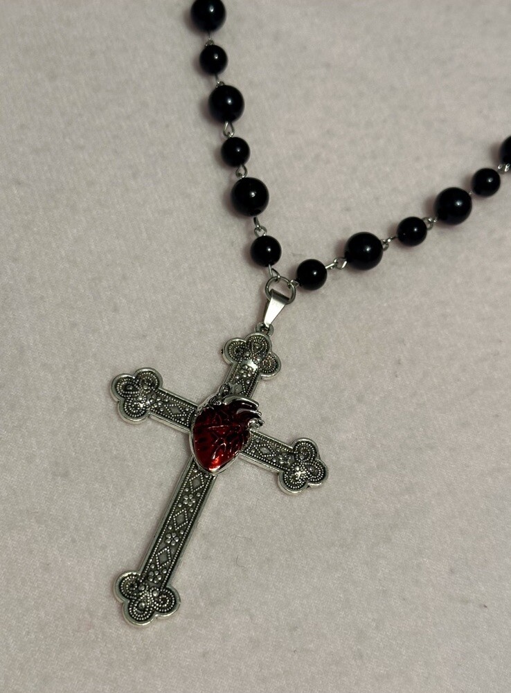 Large Victorian Cross Necklace Chain Silver Religious Gothic Grunch Whimsgoth