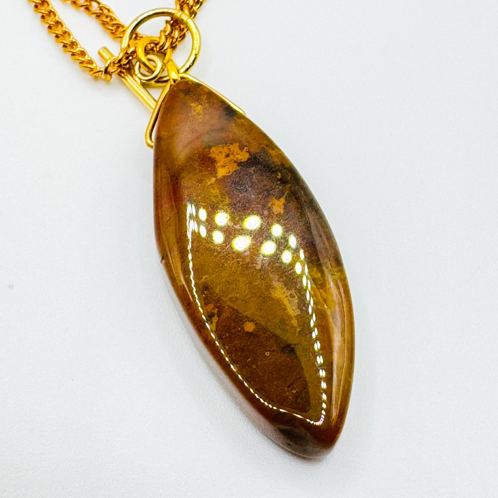 Vintage 14ct Rolled Gold Curb Chain Pendant Necklace 40cm Polished Stone Filled