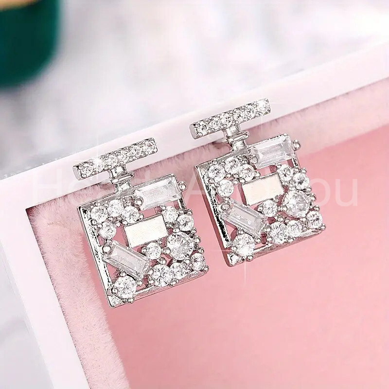 1ct Round Baguette Moissanite Square Geometric Stud Earring 9K White Gold Plated