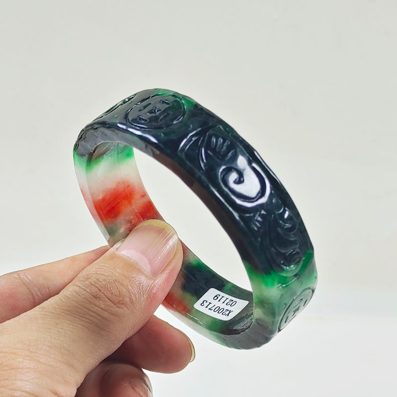 61mm Real Natural Ice Multicolor Burmese Jade jadeite Carving Bracelet Bangle