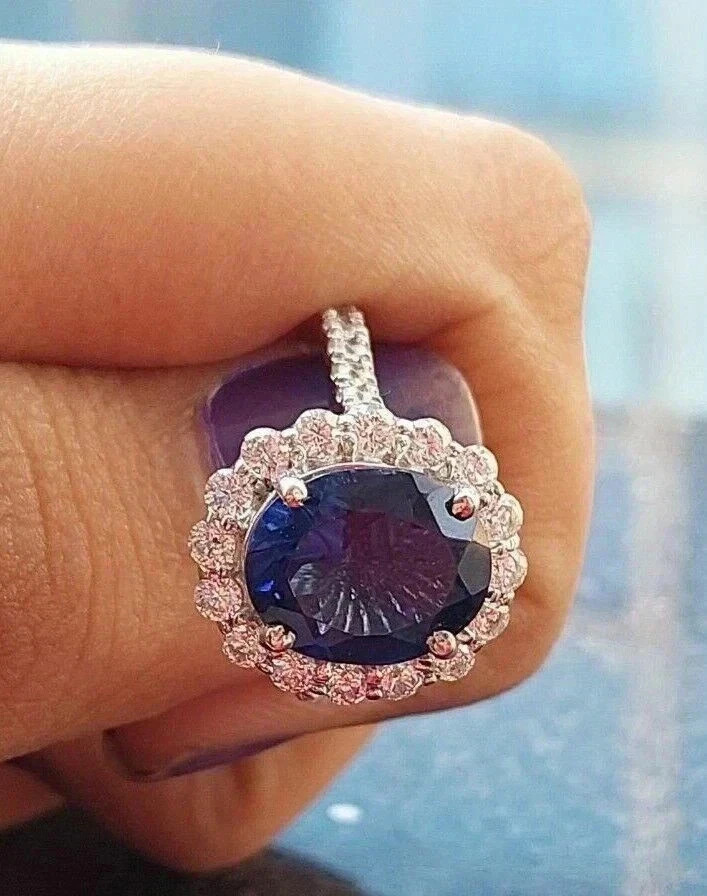 3.40Ct Oval Natural Blue Sapphire & Diamond Wedding Ring 14K White Gold Size 6