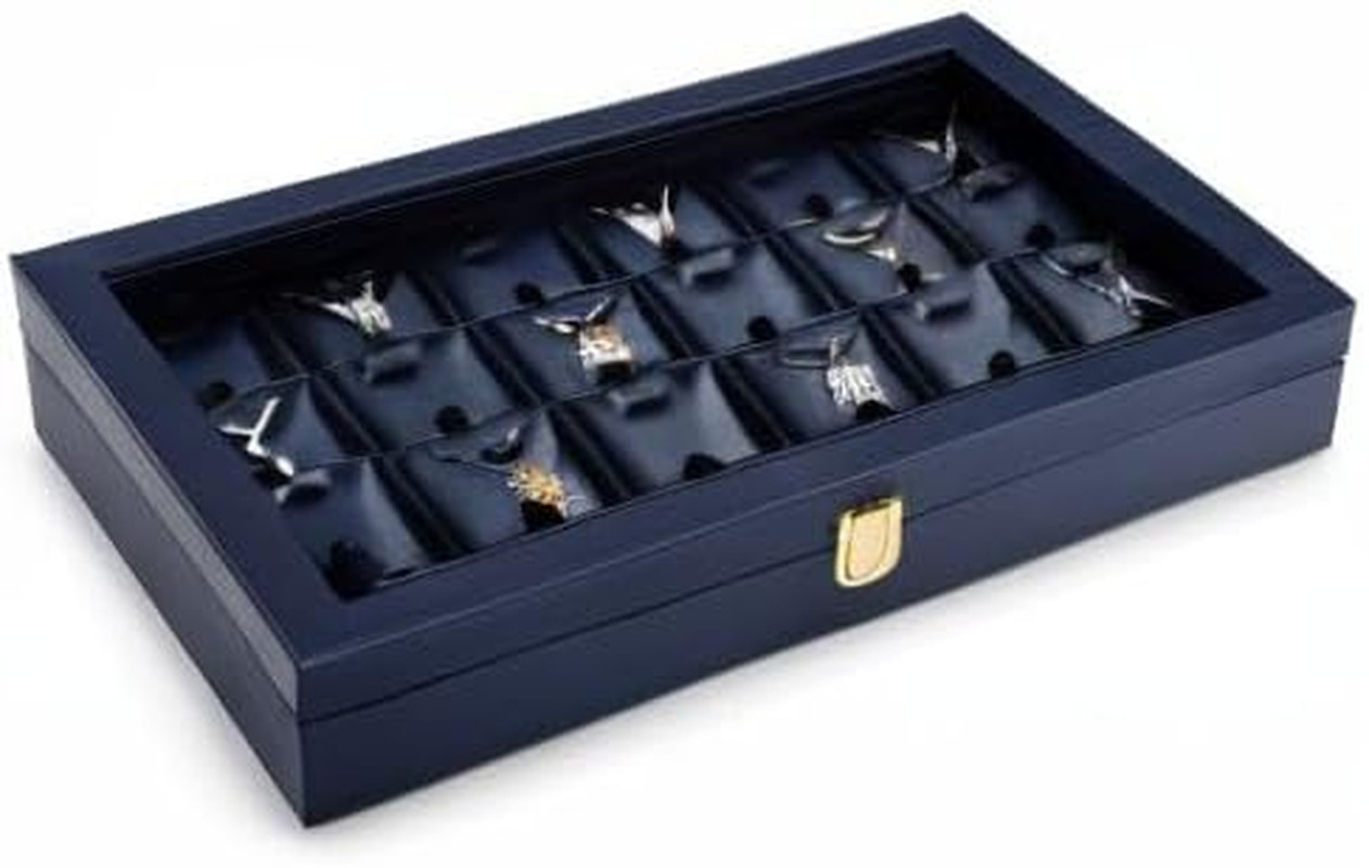 Premium Blue Leather Jewelry Tray with 24 Grid Removable Jewelry Cards Jewelry O