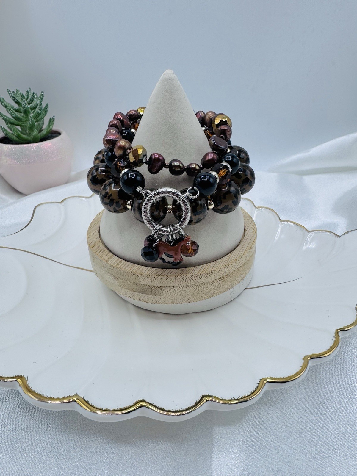 Western Horse Charm Stretch Bracelet Stack Set | Leopard Print, Faux Pearls