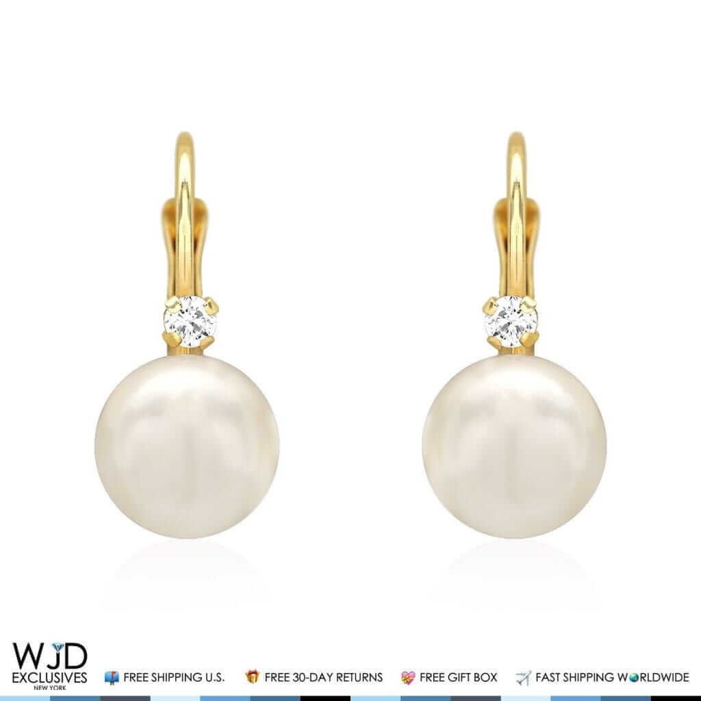14K Solid Yellow Gold 7mm Diameter Ball Pearl And Zircon Leveback Earrings