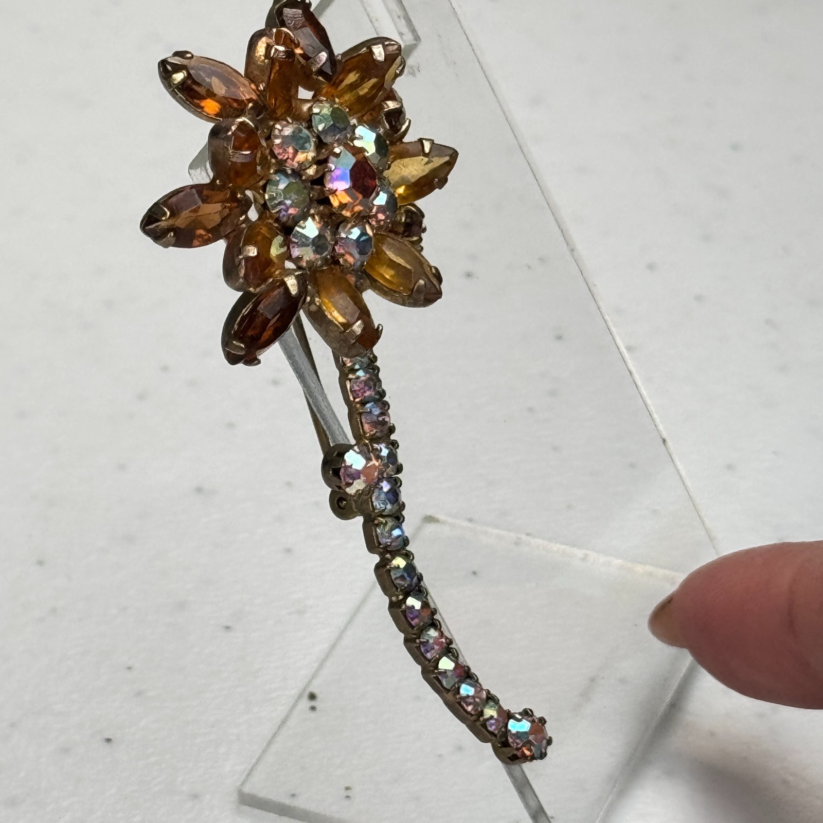 Vintage Brooch Brown Rhinestone Flower AB Stem Daisy MCM 50s 60s