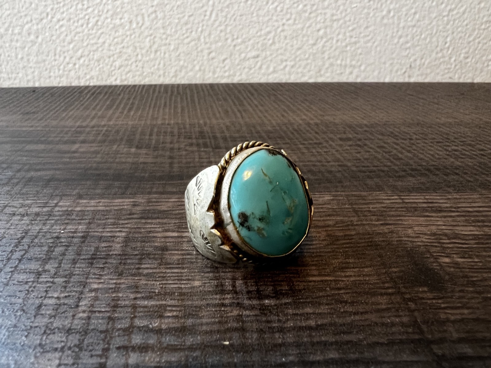 Silver Tone Signet Cocktail Ring Blue Oval Turquoise Bezel Set Size 11