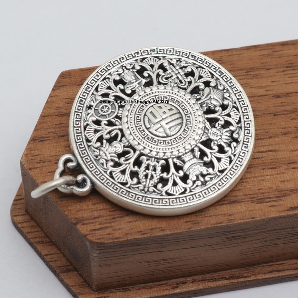 New Pure 999 Fine Silver Pendant Vintage Style Buddhist Treasure Compass Pendant