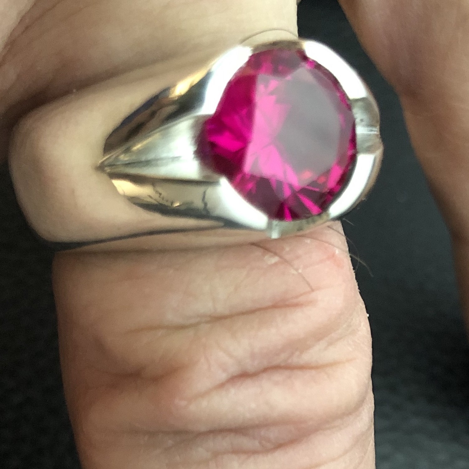 MJG STERLING SILVER MEN’S RING.V GROOVE 10MM LAB RUBY PRONG SET. SIZE 10