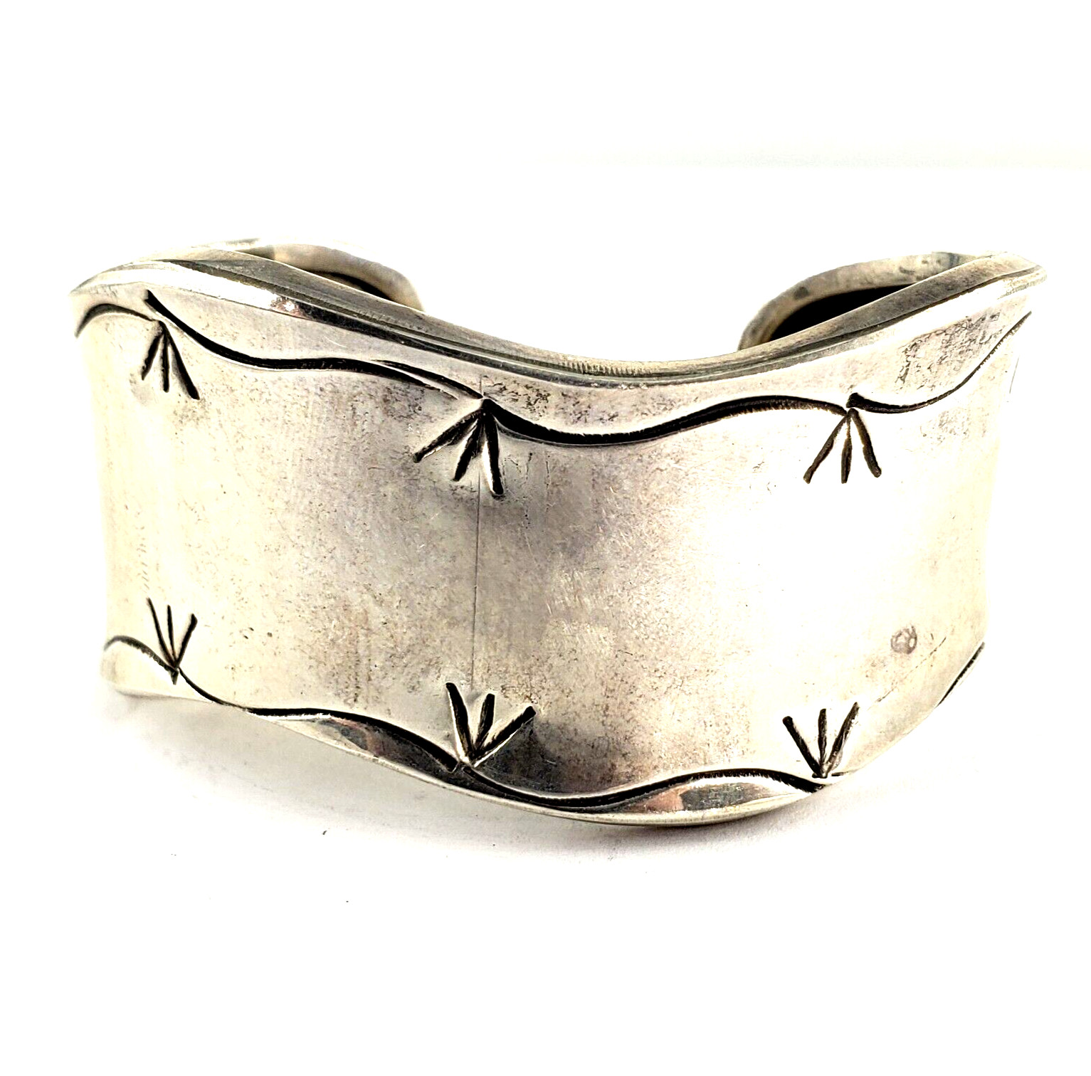 J WRIGHT NAVAJO Sterling Silver 6.75″ Wide Cuff Bracelet Wave Artisan Vintage