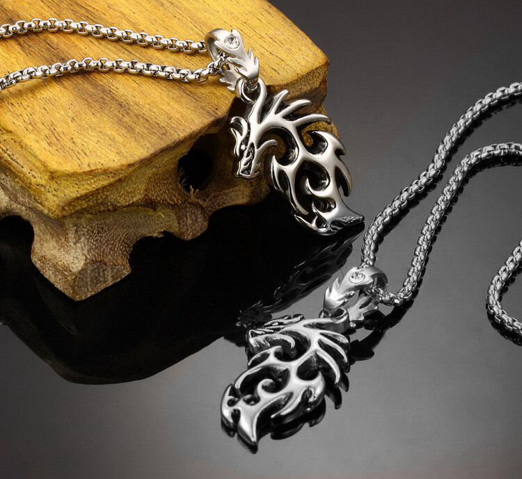 Dragon Flame Necklace for Men or Women Stainless Steel Gothic Biker Ginger Ly…