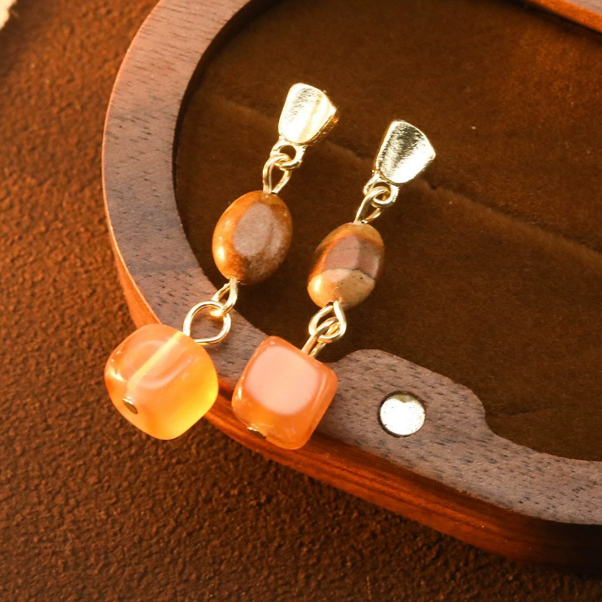 Fresh Sweet Wooden and Square Amber Brown Stone Drop Golden Dangle Earrings