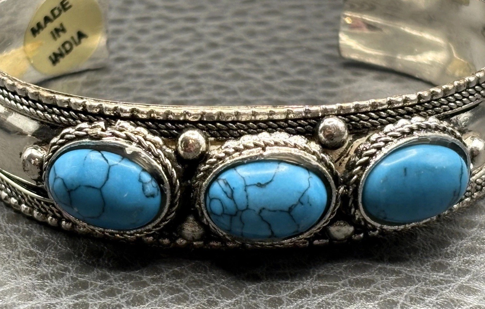 Vintage Faux Turquoise Cabochon Cuff Bracelet Made in India Boho Silver Tone