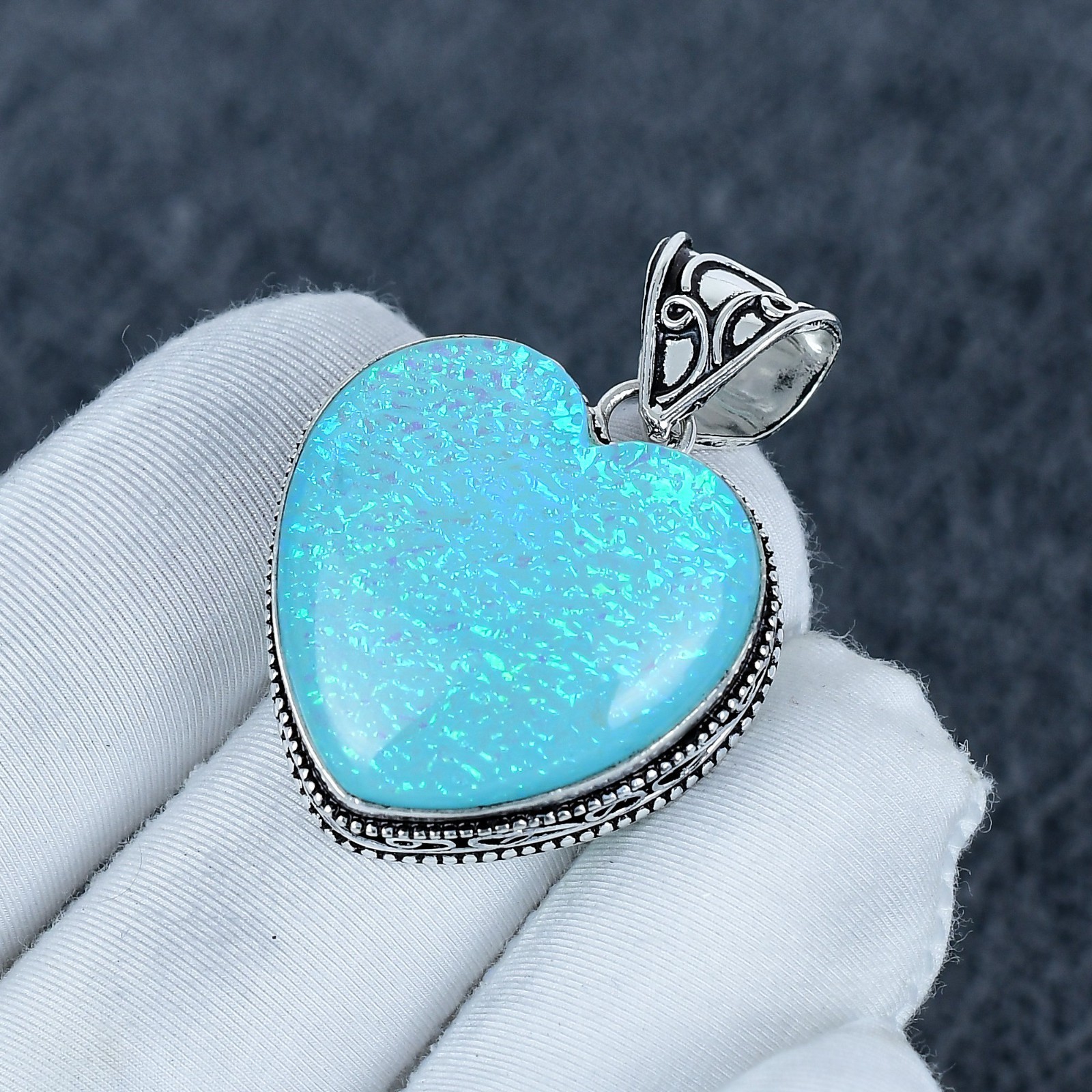 Blue Triplet Fire Opal Gemstone Handmade 925 Sterling Silver Pendant Gift