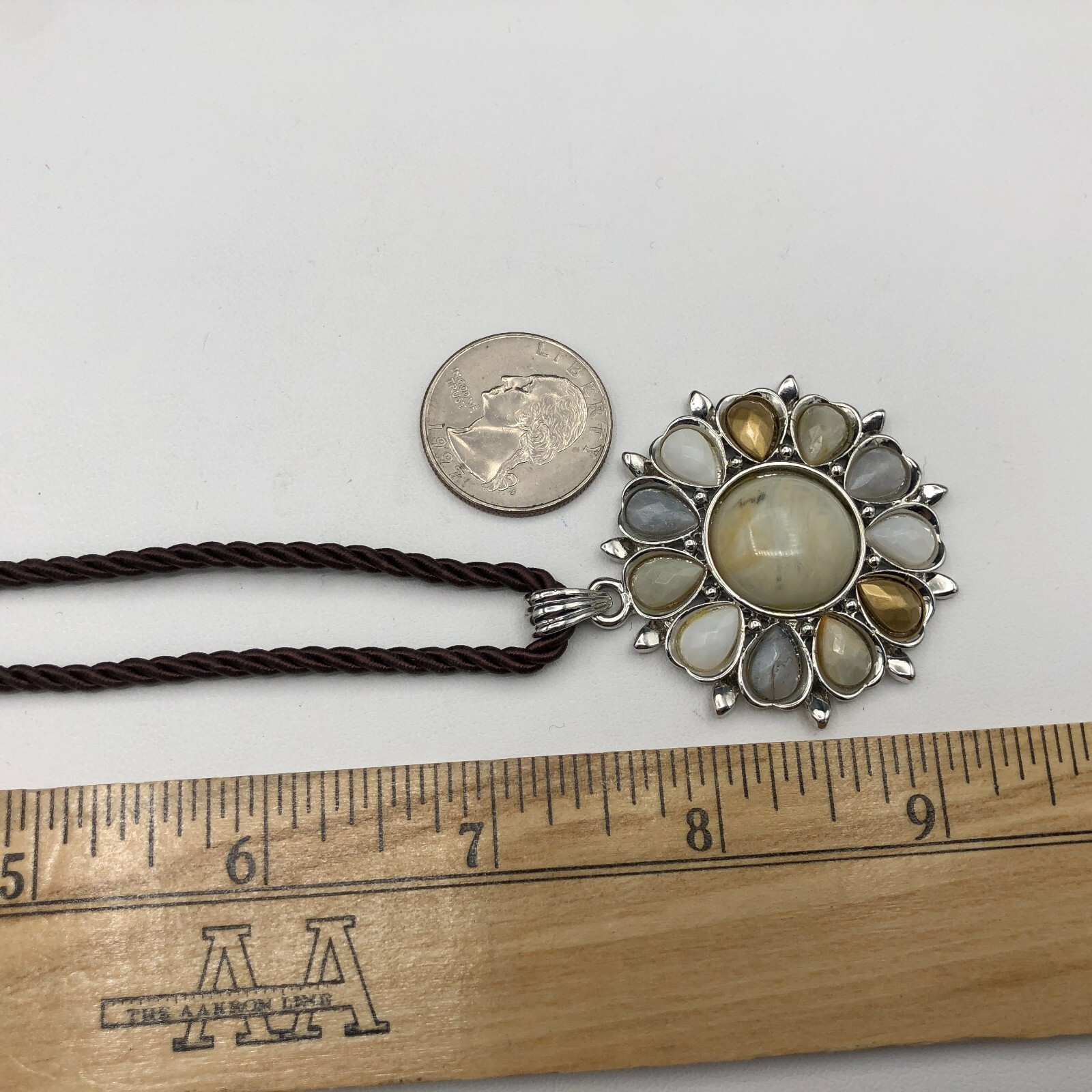 Cookie Lee Necklace Neutral Glass Stones Flower Pendant Brown Satin Cable Choker