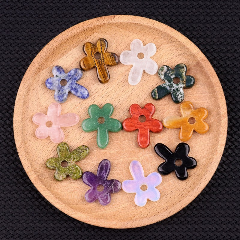 10pcs Mixed Natural Stone Hollow Flower Pendant DIY Jewelry Making 31x35mm