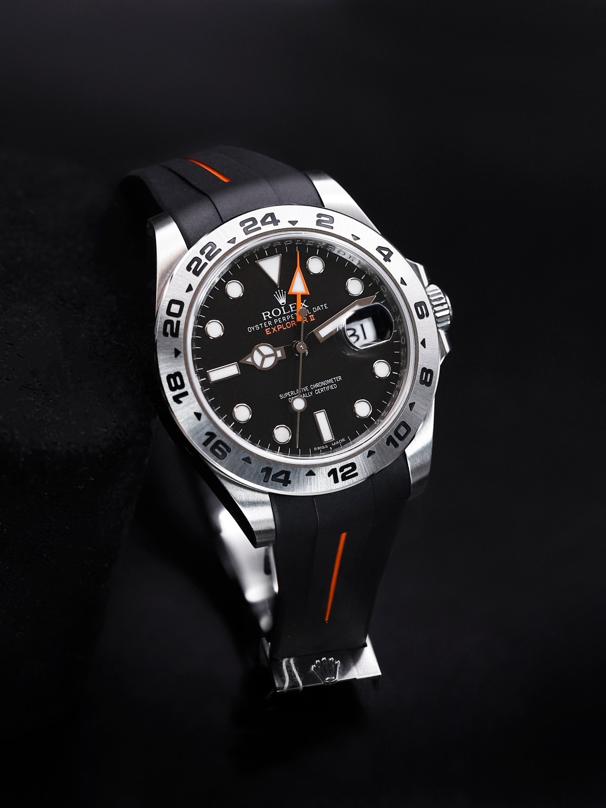 Rolex Explorer II 216570 GMT SS Bracelet & RubberB Strap PreOwned B&P Set-7326